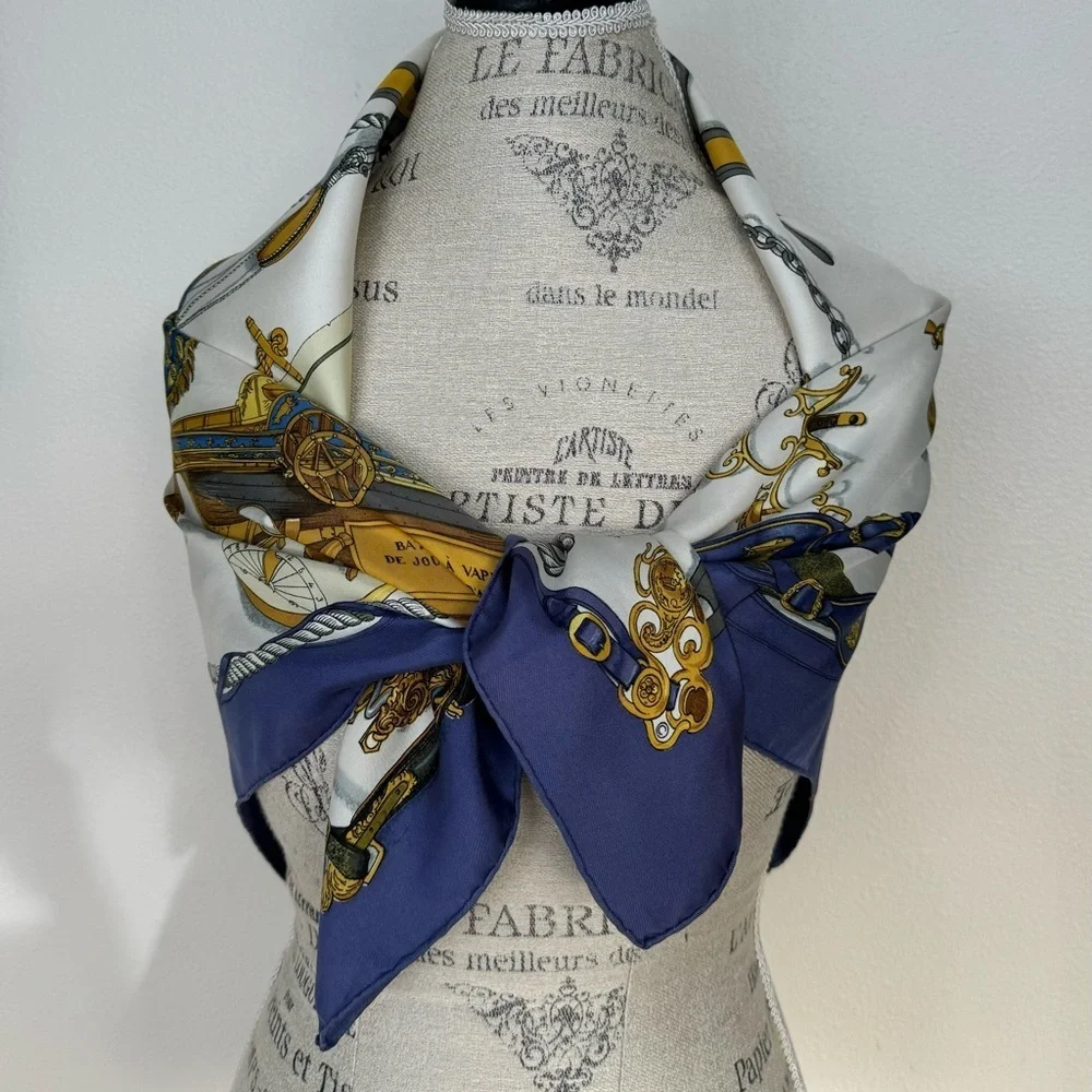 Hermes Blue Gold Silk Nautical Scarf